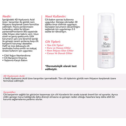 Rimu Health Hyaluronic Acid Daily Sunscreen - SPF UVA/UVB Protection, Lightweight, Moisturizing, Sensitive Skin - 50ml