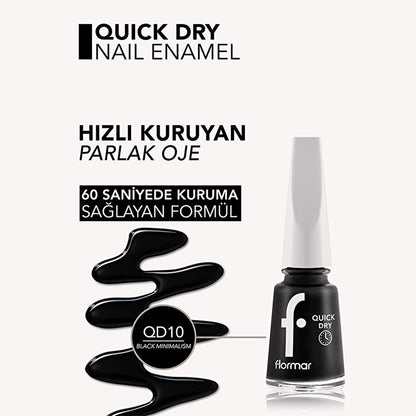 Flormar Quick Dry Nail Polish - 60-Second Drying, Highly Pigmented, Long-Lasting Nail Color - Black Minimalism