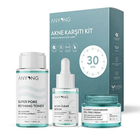 Anyong Acne Care Kit: AHA BHA PHA Toner, Azelaic Acid Serum & Oil-Free Moisturizer for Clear, Poreless Skin