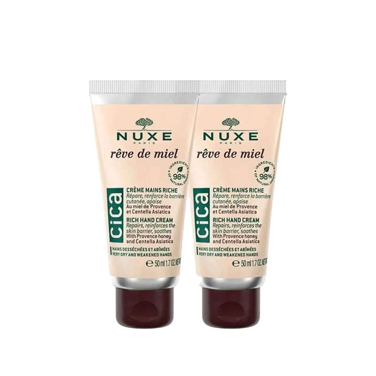 Nuxe Reve de Miel Intensive Moisturizing Hand and Nail Cream - 2x50ml - Hydrating & Nourishing for Dry Hands & Nails