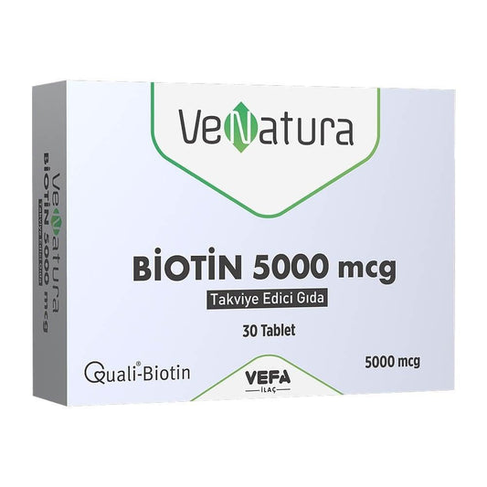 VeNatura Biotin 5000 mcg 30 Tablets - Vegan, Gluten-Free Dietary Supplement for Hair, Skin, and Nail Health