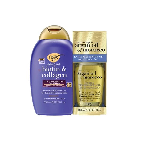 OGX Biotin & Collagen Shampoo & Argan Oil Set (385ml + 100ml)