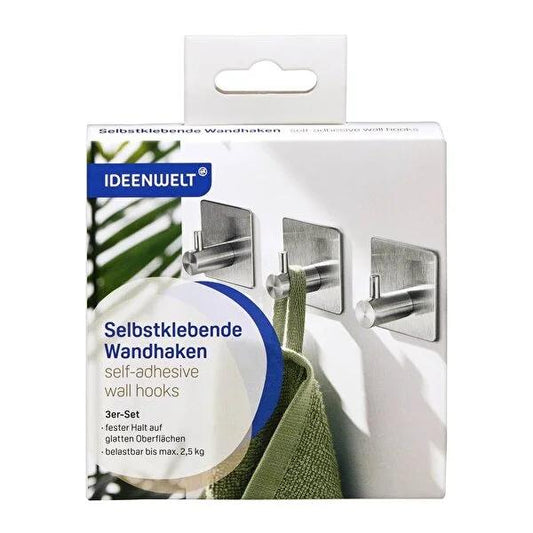 Ideenwelt Damage-Free Wall Hooks: 2.5kg Adhesive Hooks - Silver Removable Hooks (3 Pack) Ð No Drilling.