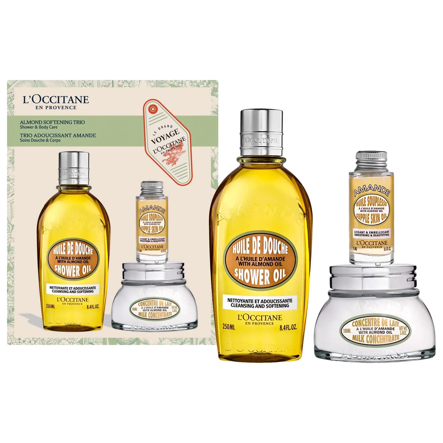 L'Occitane Almond Softening & Moisturizing Holiday Trio: Vegan Skincare Set for Dry Skin with Almond Shower Oil, Milk Concentrate & Skin Oil