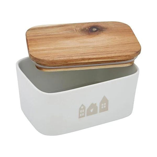 Ideenwelt Ceramic Butter Dish with Acacia Wood Lid: Keep Butter Fresh, 250g Capacity - Elegant Butter Keeper & Container