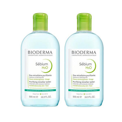 Bioderma Sebium H2O 500ml Twin Set - Gentle Cleansing Water for Oily Skin, Non-comedogenic Skincare, Makeup Remover