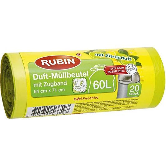 Rubin 60L Lemon Scented Trash Bags with Drawstring - 20 Pack - Eco-Friendly Cleaning Supplies