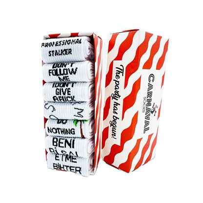 Carnaval Socks 7-Pair Slogan Design Socks Set - Comfortable Casual Socks for Fashion-Conscious Individuals