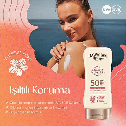 Hawaiian Tropic Glowing Protection SPF 50 Sunscreen Lotion - UVA/UVB, Vegan & Cruelty-Free, Moisturizing - 6.09 fl oz