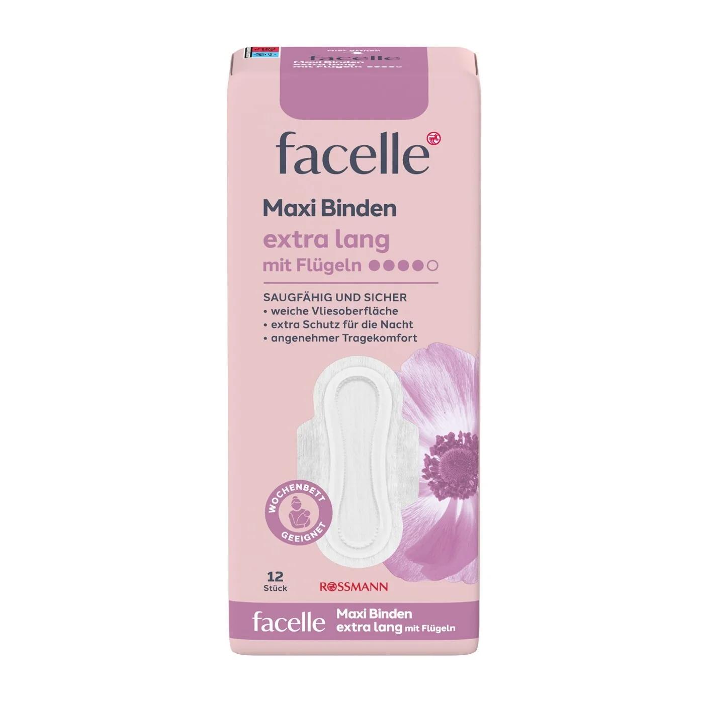 Facelle Extra Long Maxi Pads with Wings for Soft Comfort, 12 Count