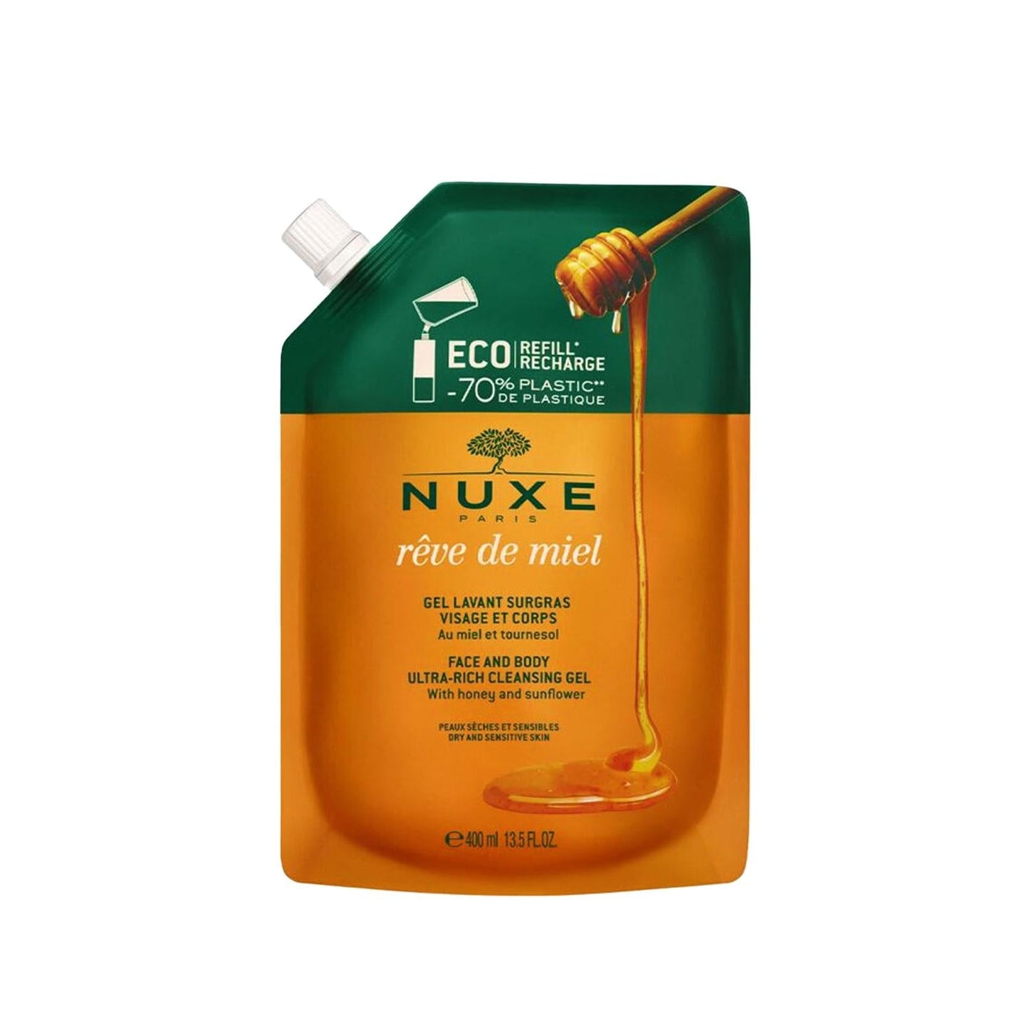 Nuxe Reve De Miel: Ultra-Rich Face and Body Cleansing Gel for Dry, Sensitive Skin - Gentle, Moisturizing Eko Package (400ml)