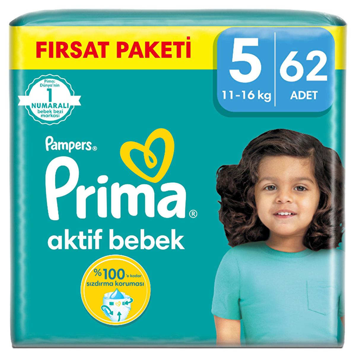 Prima Pampers Active Baby Diapers Size 5, 62 Count - Leakproof, Dermatologically Tested