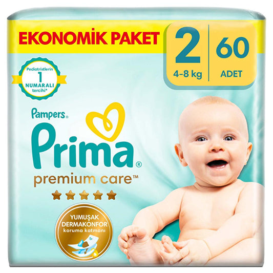 Prima Pampers Baby Diapers Premium Care Size 2 - 60 Count, Ultra Soft & Dermatologically Tested