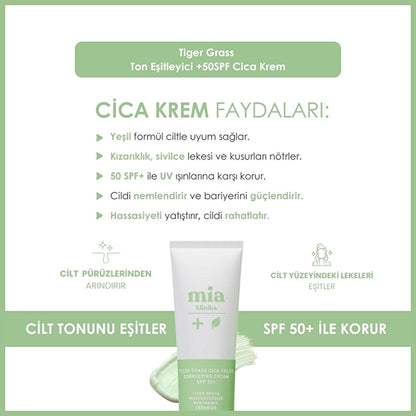 Mia Klinika Cica Cream SPF 50+ - Tiger Grass Tone Evening Cream for Sensitive Skin, Natural Coverage & Daily Sun Protection