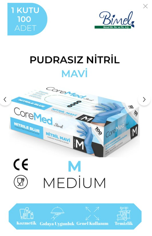 Coremed Blue Nitrile Powder-Free Gloves Medium 100 Count