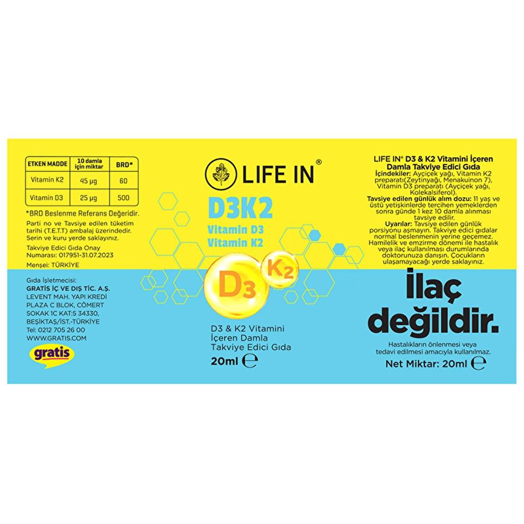 Life In Vitamin D3 & K2 Liquid Supplement Drops 20 ml