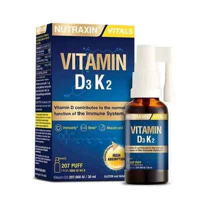Nutraxin Vitamin D3K2 Supplement Spray - 1000 IU Vitamin D3 & 25 mcg Vitamin K2 per Spray, Allergen-Free, Bone Health Support, 30ml