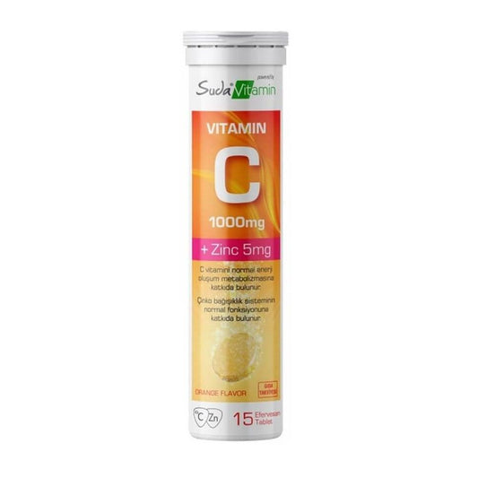 Suda Vitamin C 1000 mg + Zinc 5 mg Effervescent Tablets - Boosts Immunity & Energy - Orange Flavor