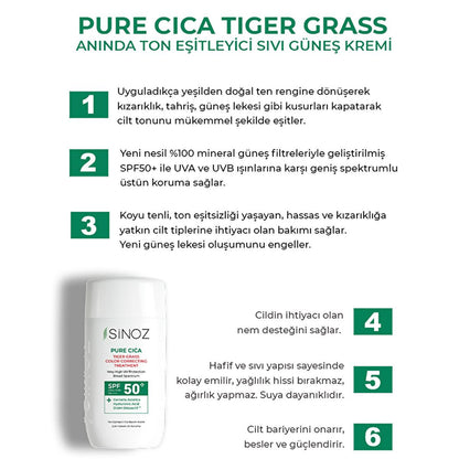 Sinoz Cica Tiger Grass Tinted Sunscreen SPF50+: Color Correcting, Redness Reducing Mineral Sunscreen with Hyaluronic Acid - Evens Skin Tone