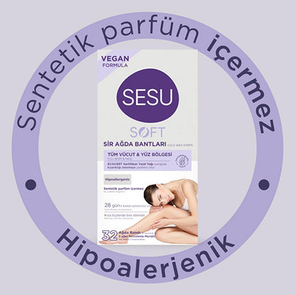 Sesu Soft Wax Strips for Hair Removal - Easy, Quick, Dermatologically Tested - 32 Strips