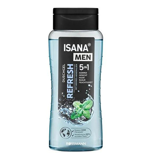 Isana Men 5-in-1 Refresh Shower Gel - Vegan, Dermatologically Approved, Multi-Purpose Cleansing for Body, Face, Hair, and Shaving