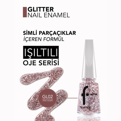 Flormar Glitter Semi-Sheer Pink Silver Nail Polish GL02 11ml