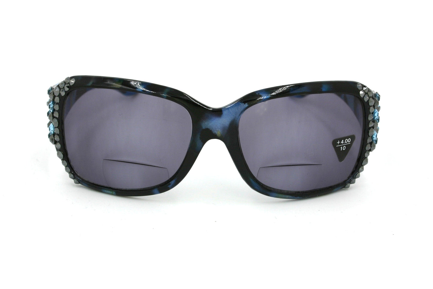 Lourdes, (Bling, Bifocal) Women Sun Reader W (Hematite, Aquamarine) Genuine European Crystals (Blue) Leopard Animal Print, NY Fifth Avenue