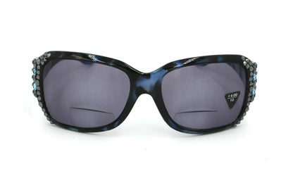 Lourdes, (Bling, Bifocal) Women Sun Reader W (Hematite, Aquamarine) Genuine European Crystals (Blue) Leopard Animal Print, NY Fifth Avenue