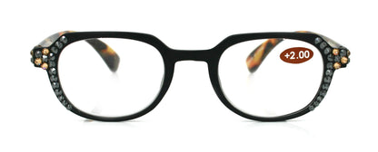The Hexagon, (Bling) Women Reading Glasses W (Hematite, Light Colorado) Crystals (Geometric) (Black, Brown Tortoise shell) NY Fifth Avenue