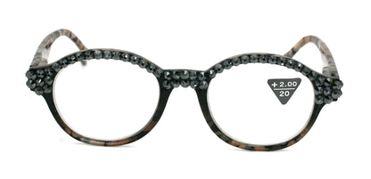 Malinalli, (Bling) Women Reading Glasses W  (Hematite) Genuine European Crystals (Black, Tortoise Brown) Round Circle. NY Fifth Avenue