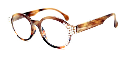 Citlalli, (Bling) Round Women Reading Glasses W (Clear) Genuine European Crystals +1.50..+3 (Marble Brown) Circle. NY Fifth Avenue