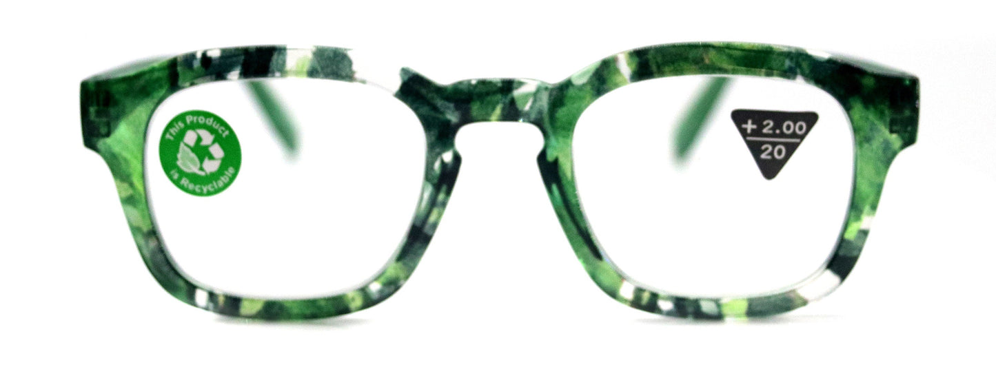 Sasha, (Premium) Reading Glasses, High End Readers +1.25..+3 Magnifying Eyeglasses (Black, Green) Camo Square Optical Frames NY Fifth Avenue