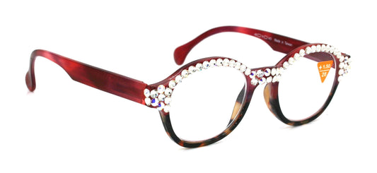Citlalli, (Bling) Round Women Reading Glasses W (Full TOP) (Clear, AB Aurora Borealis) Genuine European Crystals.  NY Fifth Avenue