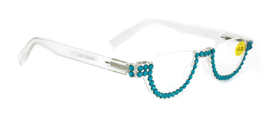 Half Moon, (Bling) Woman Reading Glasses Adorned W (Blue Zircon)  Genuine European Crystals  +1.25..+4  Lower Nose, NY Fifth Avenue