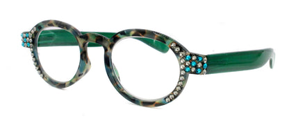 Celeste, (Bling) Reading Glasses Women W (Black Diamond, Blue Zircon) Genuine European Crystals (Green Tortoise Shell) NY Fifth Avenue