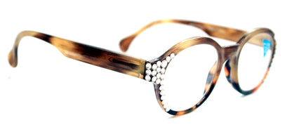 Citlalli, (Bling) Round Women Reading Glasses W (Clear) Genuine European Crystals +1.50..+3 (Marble Brown) Circle. NY Fifth Avenue