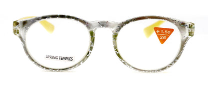 Grace, (Premium) Reading Glasses High End Readers +1.25 ..+3 Magnifying Glasses, Round Frame. (Metallic Silver, Yellow) NY Fifth Avenue.