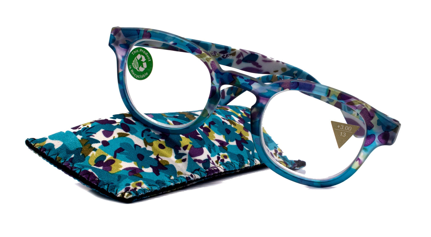 Autumn, (Premium) Reading Glasses, High-End Readers +1.25 +1.50.+3.00 Wide Round Style. Optical Frame (Blue, Purple Floral) NY Fifth Avenue.
