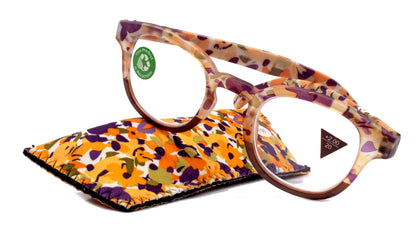 Autumn, (Premium) Reading Glasses High End Readers +1.25, +1.50..+3.00 Round Style. Optical Frame, (Brown, Purple Floral) NY Fifth Avenue