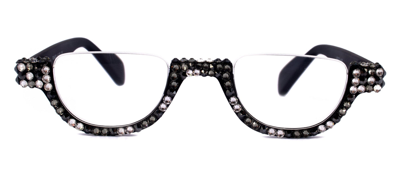 Half Moon, (Bling) Woman Reading Glasses Adorned W (Hematite, Clear, Black Diamond)  Genuine European Crystals  +1.25..+4, NY Fifth Avenue