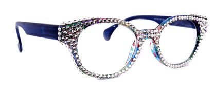 Autumn, (Bling) Reading Glasses For Women W (Full Crystals) Genuine European Crystals  Round Frame (Blue, Purple Floral) NY Fifth Avenue