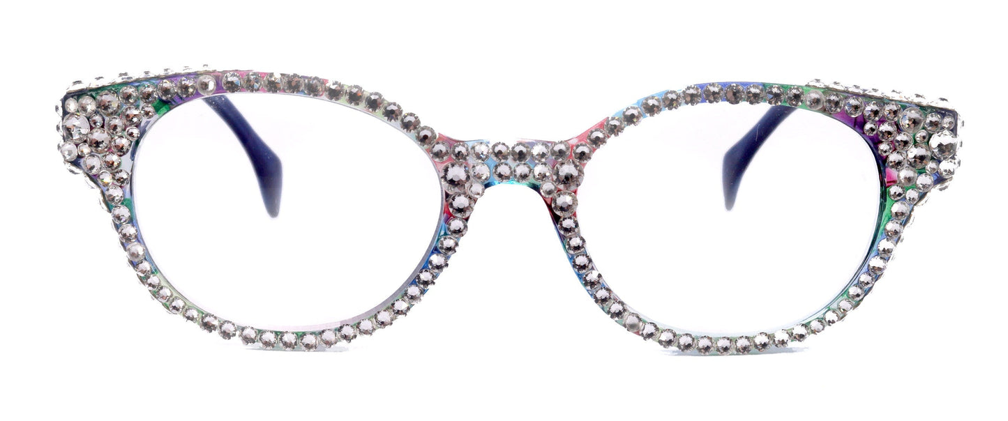 Autumn, (Bling) Reading Glasses For Women W (Full Crystals) Genuine European Crystals  Round Frame (Blue, Purple Floral) NY Fifth Avenue