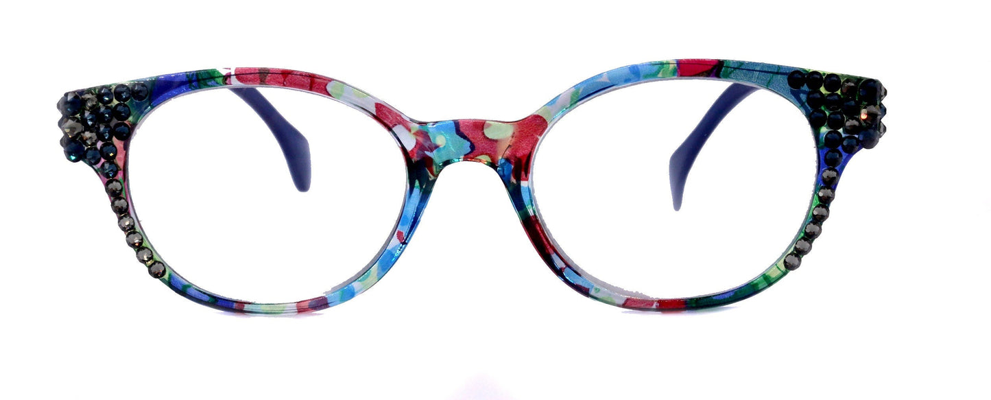 Versailles, (Bling) Reading Glasses 4 women W (Montana, Black Diamond) Genuine European Crystals   Round Frame. NY Fifth Avenue