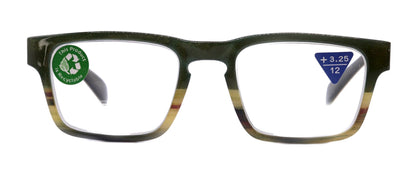 Piper, (Premium) Reading Glasses, High End Fashion Reader,+1.25 to +3 Magnifiers, (Green, Tan, Brown) Stripes Square Frame. NY Fifth Avenue