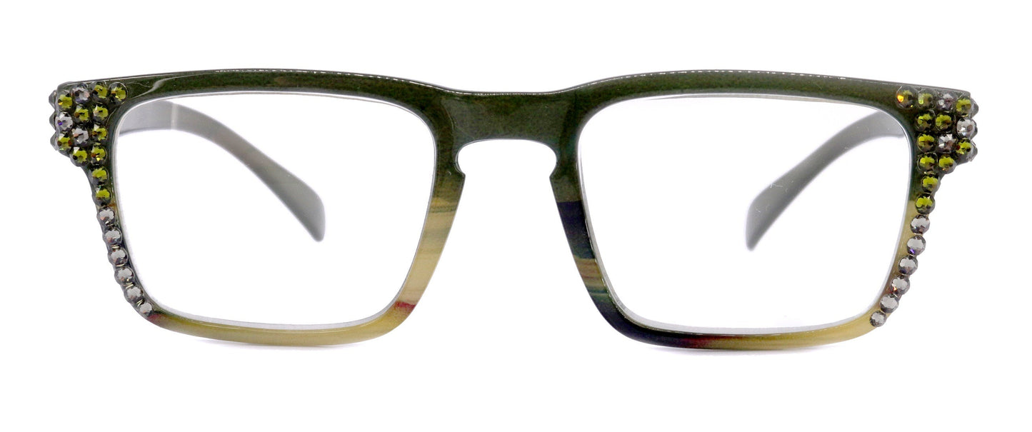 Piper, (Bling) Reading Glasses for Women W (Black Diamond, Olivine) Genuine European Crystals.  (Black Green Faded Stripes) NY Fifth Avenue