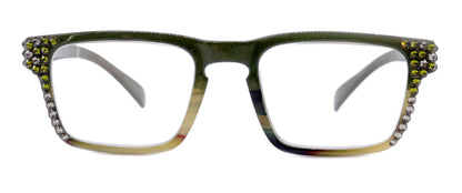 Piper, (Bling) Reading Glasses for Women W (Black Diamond, Olivine) Genuine European Crystals.  (Black Green Faded Stripes) NY Fifth Avenue