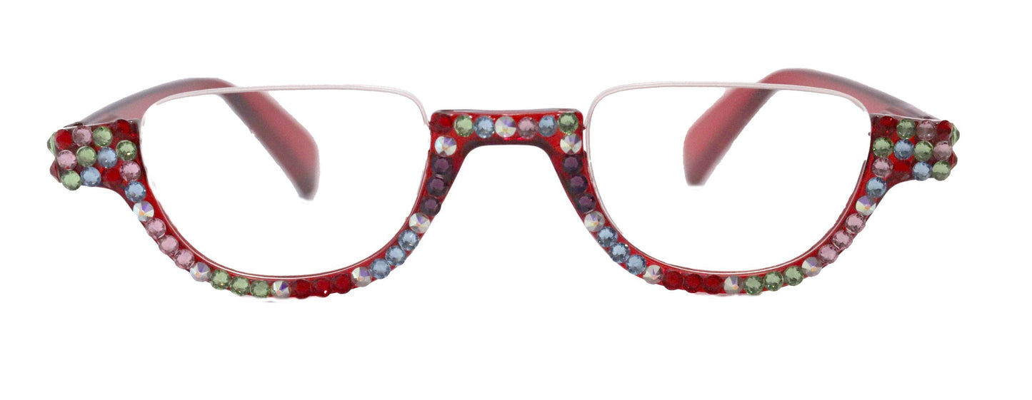 Half Moon, (Bling) Woman Reading Glasses Adorned W Genuine European Crystals, Reader Magnifying,   (Red) NY Fifth Avenue.