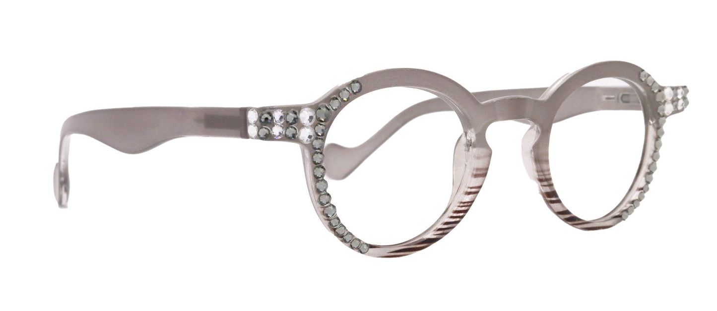 Orlando Bling Reading Glasses, W Black Diamond N Clear  European crystals, Magnifying Eyeglasses, (Gray) (Round) NY Fifth Avenue