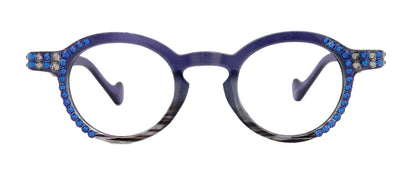 Orlando Bling Reading Glasses, W Capri Blue N Black Diamond  European crystals, Magnifying Eyeglasses, (Blue) (Round) NY Fifth Avenue