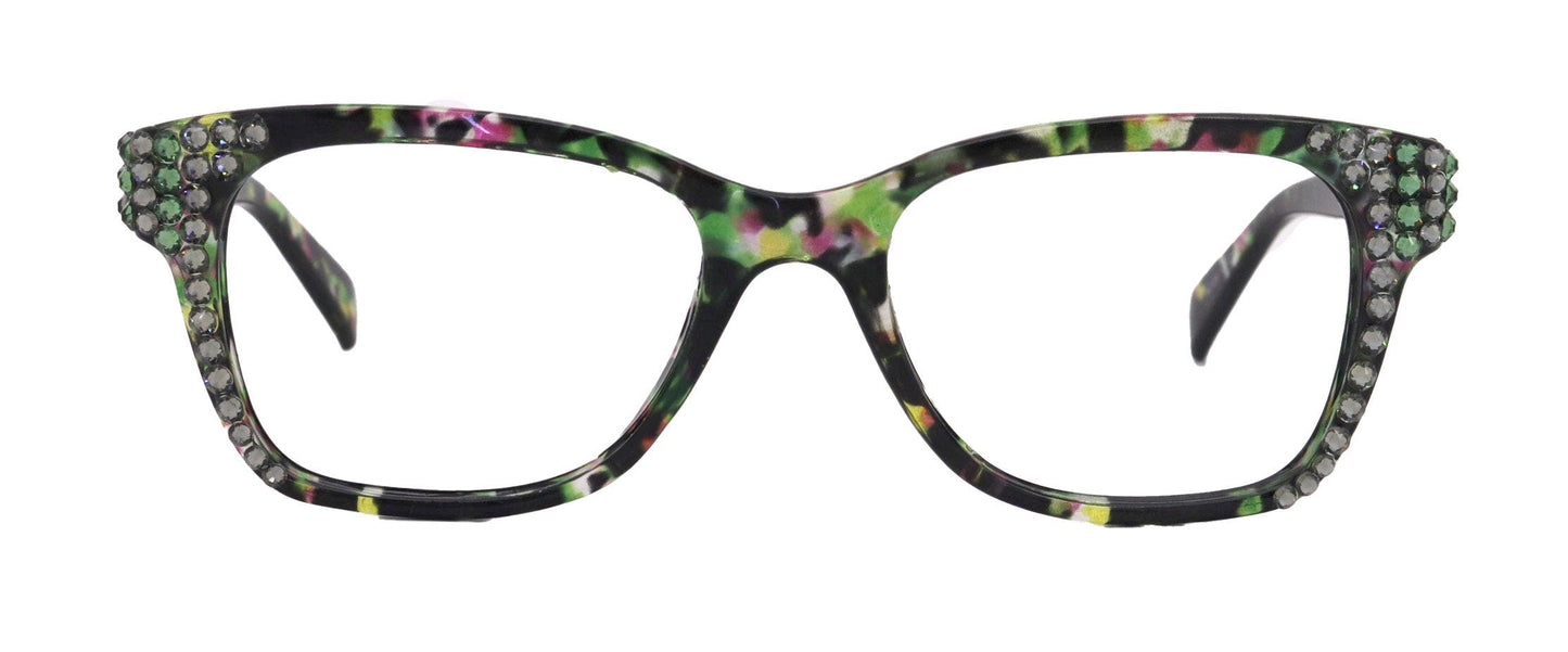 Azul, (Bling) Reading Glasses 4 Women W (Black Diamond N Green)Genuine European Crystals. +1.5..+5  NY Fifth Avenue (Wide frame)